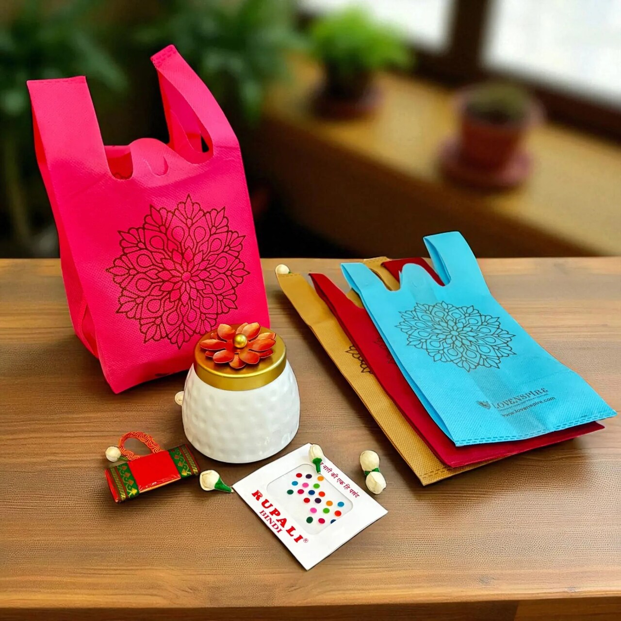 Varalakshmi Vratham Gift Hamper Navaratri Vratha Hindu Religious Teej Karva Chauth Pooja Housewarming Return Gifts - Assorted Bindi Dryfruit Jar Mandala Carry Bags Haldi Kumkum Packet